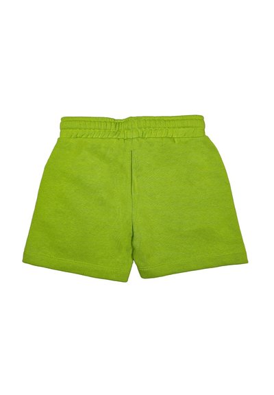 Shorts verdi in cotone con vita elastica, caratterizzati da una texture liscia e un design semplice, visti da dietro.