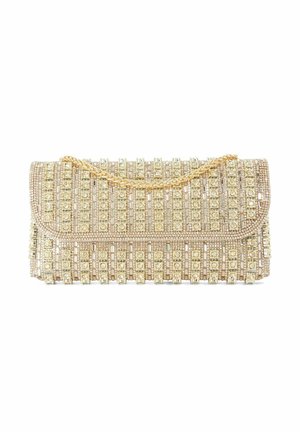 Pochette de soirée ton or avec une bandoulière chaîne dorée et des rangées de strass scintillants.