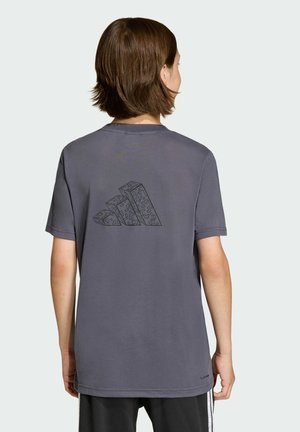 Szara koszulka z okrągłym dekoltem i krótkimi rękawami. Na plecach znajduje się teksturowana czarna grafika przedstawiająca trzy ułożone w stos kształty.