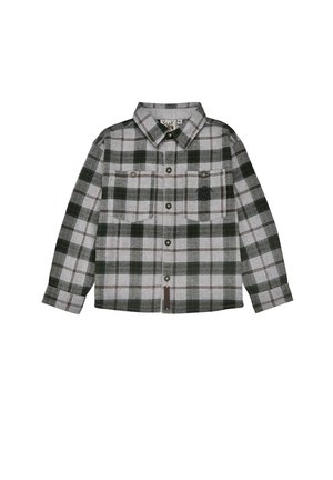 Long-sleeve button-up shirt with black and gray plaid pattern, two chest pockets with buttons, and a small black embroidered logo on the left pocket.