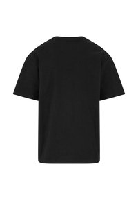 Zwarte katoenen T-shirt met een reguliere pasvorm, korte mouwen en een ronde hals. De stof lijkt glad zonder patronen of versieringen.