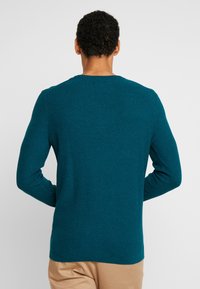 Tealfärgad stickad tröja med långa ärmar och rund halsringning, med ett texturerat mönster och rak nederkant, som bärs med beiga byxor.