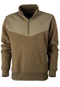 Brauner Pullover mit halbgeschlossenem Kragen, der ein hellbraunes Brustpanel, gerippte Bündchen und ein kleines Logo in der oberen linken Ecke aufweist. Weiche Textur.
