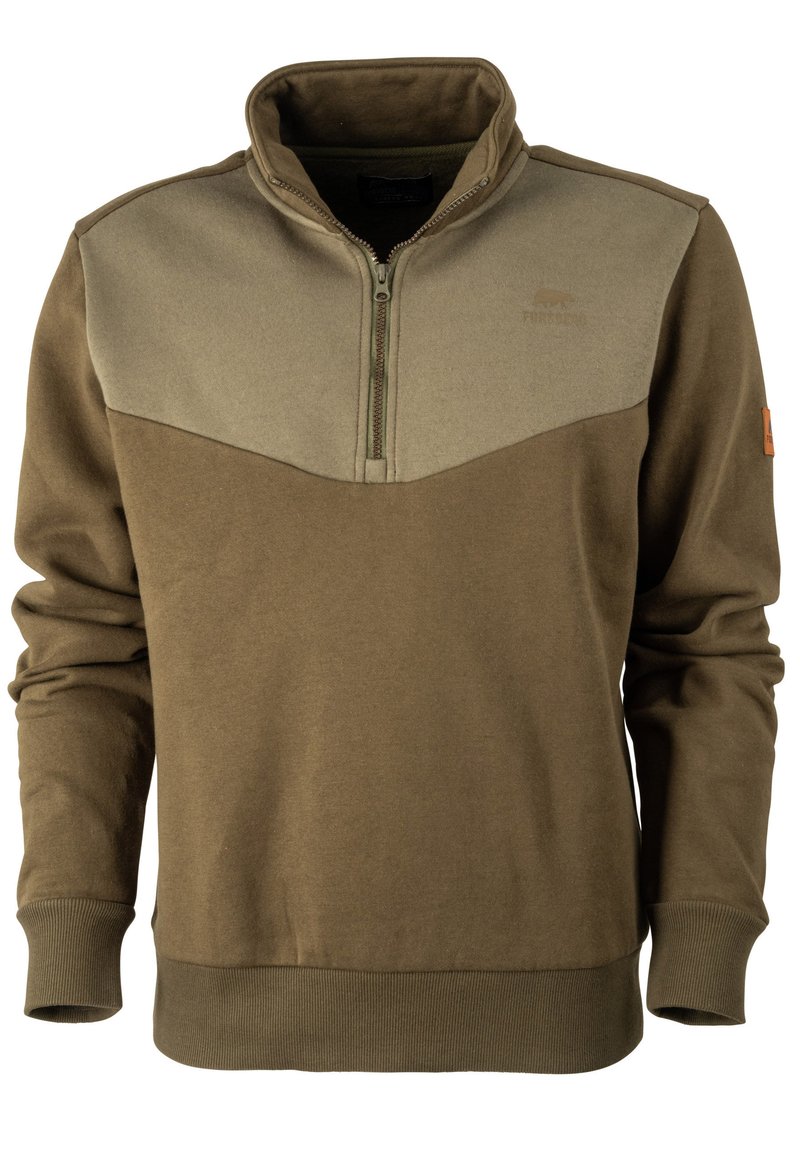 Brauner Pullover mit halbgeschlossenem Kragen, der ein hellbraunes Brustpanel, gerippte Bündchen und ein kleines Logo in der oberen linken Ecke aufweist. Weiche Textur.