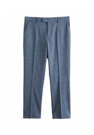 Pánske svetlomodré elegantné nohavice na mieru s opaskovými slučkami, prednými vreckami a úzkym strihom.