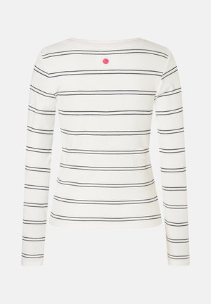 Langärmliges, geripptes Oberteil in Weiß mit Marineblauen, horizontalen Streifen, das einen rosa Akzent am Rückenkragen aufweist. Weicher Textil und figurbetonter Schnitt.