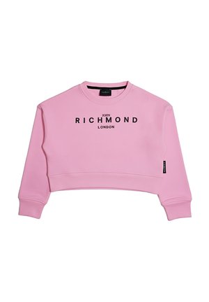 Felpa rosa corta con maniche lunghe e la scritta "John Richmond London" stampata in nero al centro davanti.
