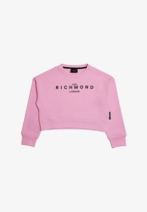 Felpa rosa corta con maniche lunghe e la scritta "John Richmond London" stampata in nero al centro davanti.