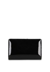 Portafoglio in pelle verniciata nera con finitura liscia e lucida. Presenta una forma rettangolare e un dettaglio sottile di cuciture lungo i bordi.