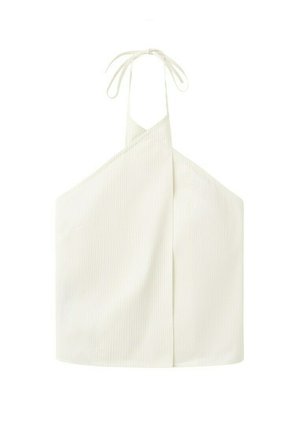 Haut dos nu en tissu côtelé blanc avec un devant croisé et des bretelles à nouer au cou.