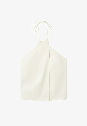 White ribbed fabric halter top with a cross-over front and tie straps at the neck.