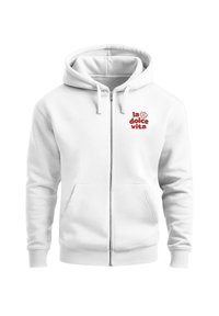 Weißer Zip-Hoodie mit Fronttaschen und einem roten "la dolce vita" Logo mit einer Blume auf der linken Brust.