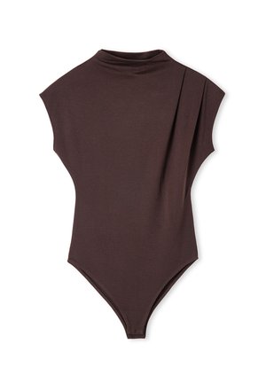 Hnědý body s vysokým límcem, krátkými rukávy a přiléhavým střihem. Vyrobeno z měkké tkaniny s minimálním počtem švů a hladkou texturou.