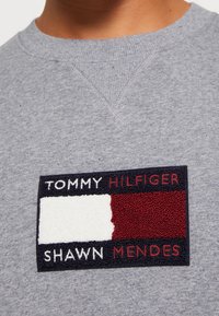 Šedá mikina s obdélníkovou nášivkou s logem v červené, bílé a námořnické modré barvě, obsahující plastický text a chlupatou červenou část.