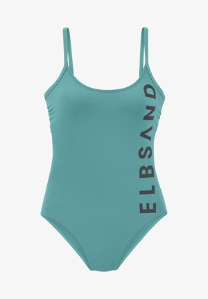 Türkiser Einteiler-Badeanzug mit dünnen Trägern, versehen mit einem seitlichen Logo "ELBSAND" in Schwarz. Glattes Gewebe mit moderatem Schnitt.