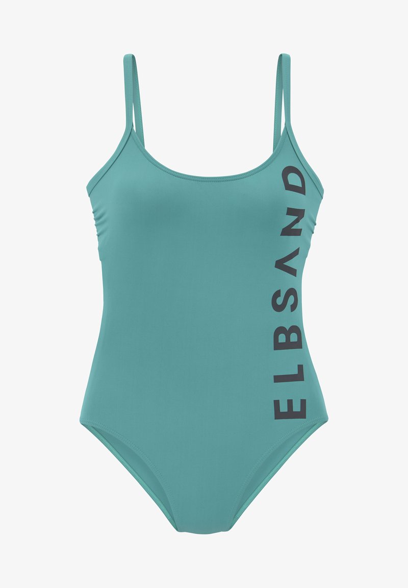 Türkiser Einteiler-Badeanzug mit dünnen Trägern, versehen mit einem seitlichen Logo "ELBSAND" in Schwarz. Glattes Gewebe mit moderatem Schnitt.
