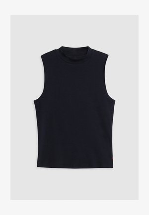 Sleeveless, high-neck top in dark navy, made from a smooth fabric with a fitted design and no visible hardware or patterns.