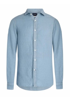 Chemise bleu clair à manches longues, à boutons et col, coupe ajustée, en lin ou tissu similaire.
