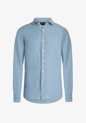 Chemise bleu clair à manches longues, à boutons et col, coupe ajustée, en lin ou tissu similaire.