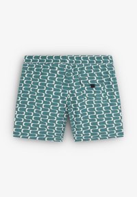 Shorts de bain courts en teal avec un motif incurvé blanc, taille élastique et poche arrière avec rabat. Fabriqués en matériau léger et à séchage rapide.