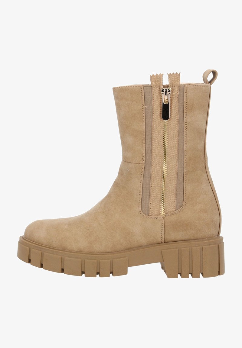 Tan suede ankle boot with a chunky block heel, side zip, and elastic panel detailing. Features a smooth texture and sturdy sole.