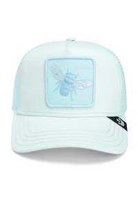 Casquette vert menthe avec un dos en mesh, ornée d'un patch brodé d'abeille portant l'inscription "QUEEN" à l'avant et d'une étiquette de marque sur le côté.