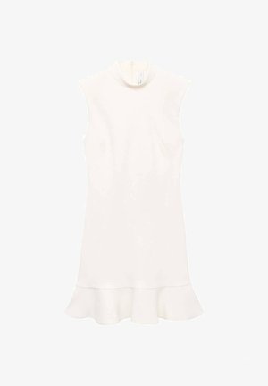 Witte mouwloze jurk met een hoge hals, voorzien van een uitlopende onderrand en een gladde textuur. Eenvoudig ontwerp zonder patronen of zichtbare hardware.