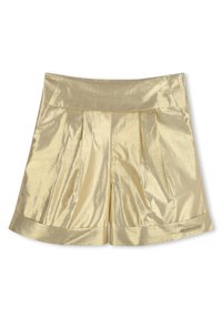 Gouden plooishorts van een gladde, glanzende stof, met een platte tailleband en opgerolde manchetten. Inclusief een klein merkaccent aan de zijkant.