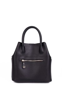 Black leather handbag with a structured design, two handles, and a front zip pocket featuring metallic hardware. Smooth texture.