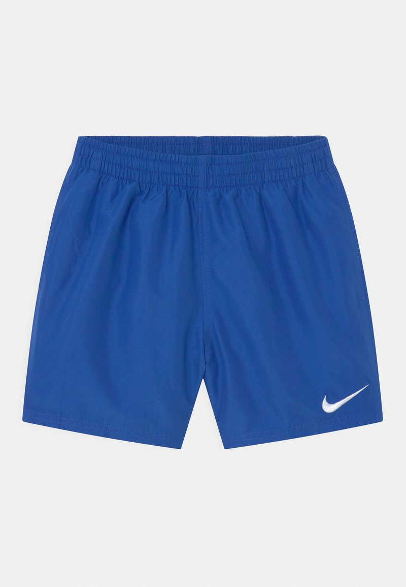 Zilas sporta šorti, izgatavoti no elastīga materiāla, ar elastīgu jostu un balto Nike swoosh logotipu apakšējā labajā pusē.