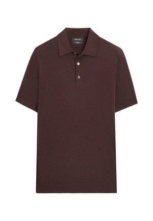 Donkerbruin poloshirt met korte mouwen, een kraag en een tweeknopensluiting, gemaakt van fijne gebreide stof.