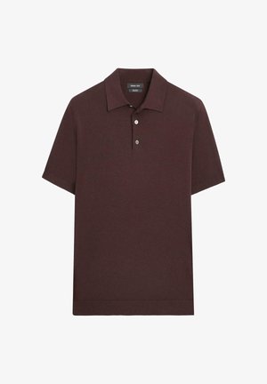 Kortærmet mørkebrun poloshirt med krave og to-knaps lukning, lavet af fint strikket stof.
