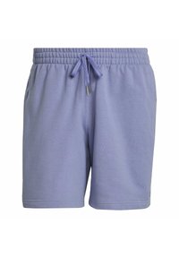 Pantalones cortos casuales de color púrpura claro con cintura elástica y cordón ajustable, bolsillos delanteros y un corte holgado.