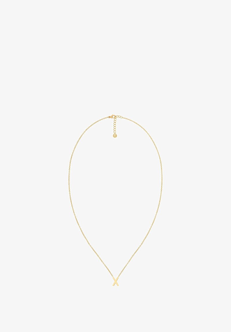 Guldtonet halskæde med en delikat kæde og et 'X' vedhæng i midten, med justerbar længde og lås.