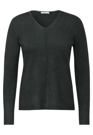 Dunkelgrüner V-Ausschnitt-Pullover aus einem weichen, strukturierten Stoff. Mit langen Ärmeln, einer figurbetonten Passform und vertikalen Nahtdetails auf der Vorderseite.