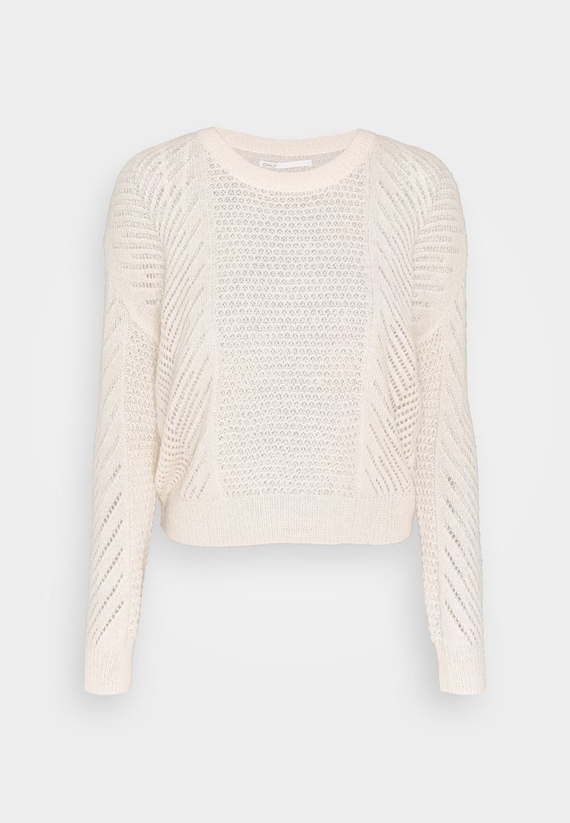 Pull tricoté de couleur crème avec manches longues et motif texturé comprenant des détails en chevron et en ajouré.