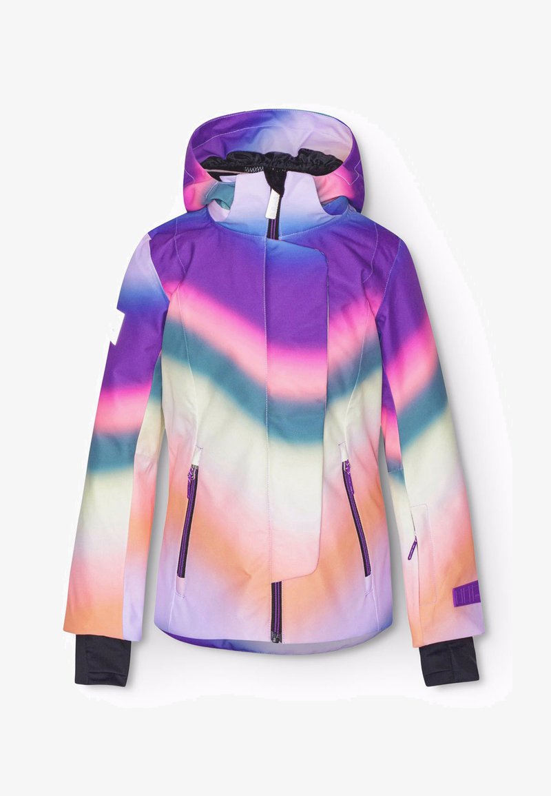 Flerfarget skijakke med en gradient av lilla, rosa og blått, glidelåslommer, justerbar hette og elastiske mansjetter.