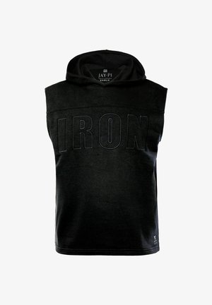 Sort ærmeløs hættetrøje med tryk foran af ordet "IRON." Blødt stof, minimal syning og en afslappet pasform.