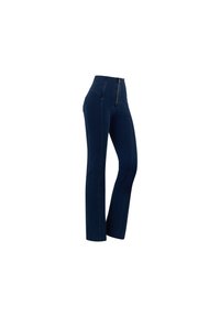 Donkerblauwe denim broek met een hoge taille, rechte pijpen en een rits aan de voorkant. Beschikt over contrasterende stiksels en zijzakken.