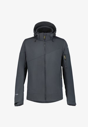 Black, insulated jacket with a high collar, adjustable hood, side and zippered pockets, and contrasting stitching details.