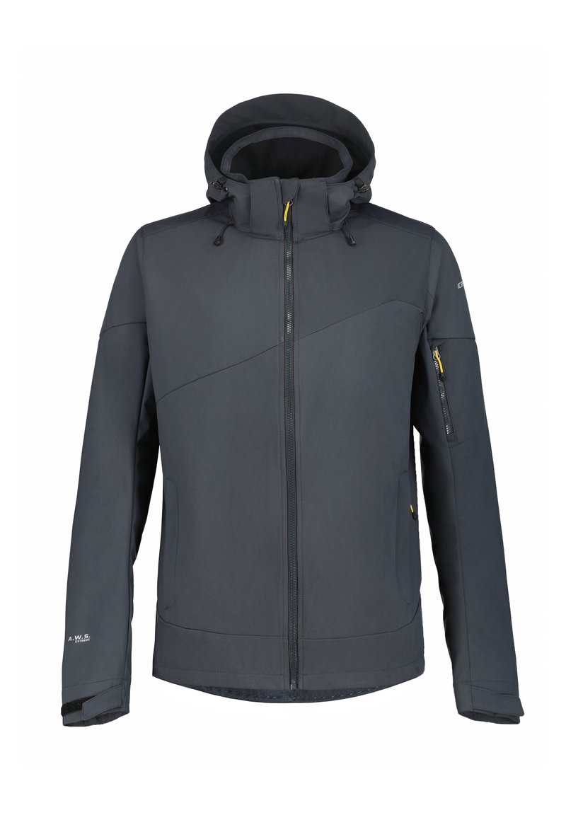 Veste noire isolée avec un col haut, une capuche ajustable, des poches latérales et zippées, et des détails de couture contrastants.