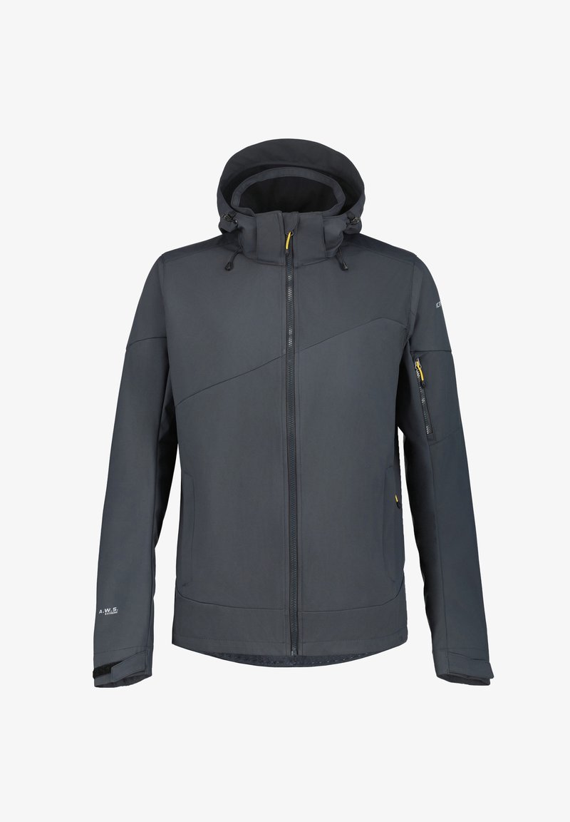 Czarna, ocieplana kurtka z wysokim kołnierzem, regulowanym kapturem, bocznymi i zapinanymi na zamek kieszeniami oraz kontrastowymi detalami ściegów.