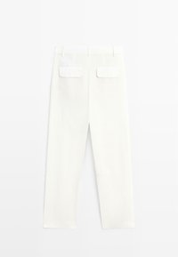White straight-leg pants with belt loops and two back flap pockets, shown flat from the rear.