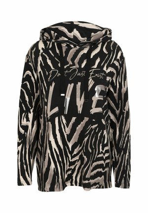 Black and beige zebra-print hoodie with drawstrings, featuring the text "Don't Just Exist LIVE" in mixed fonts across the chest.