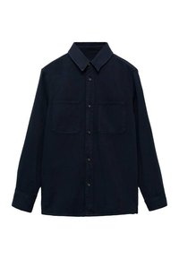 Navy blue button-up shirt made of cotton, featuring long sleeves, two chest pockets, and a pointed collar. Smooth texture and tailored fit.