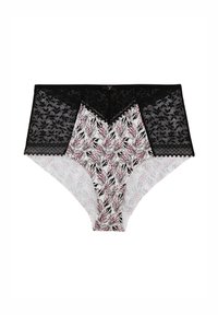 Culotte taille haute en dentelle noire et tissu à imprimé floral avec des accents blancs, roses et noirs. Comprend des bords festonnés et un nœud décoratif.