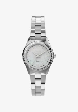 Orologio in acciaio inossidabile silver con cassa rotonda, quadrante in madreperla, bezel con cristalli e design a bracciale a maglie. Alimentato a energia solare.