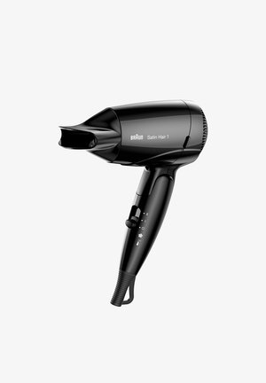 Schwarzer Haartrockner mit schlankem Design, ausgestattet mit einem Düsenaufsatz, ergonomischem Griff und Bedientasten für Temperatur- und Geschwindigkeitsregelung.