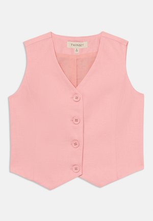 Gilet sans manches rose à col en V, avec cinq boutons roses sur le devant et un ourlet pointu. Fabriqué en tissu texturé.