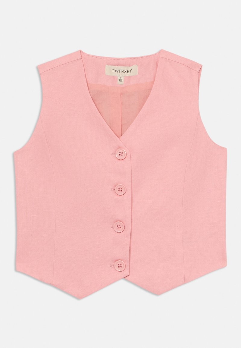 Gilet sans manches rose à col en V, avec cinq boutons roses sur le devant et un ourlet pointu. Fabriqué en tissu texturé.